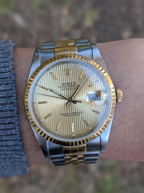 rolex datejust champagne tapestry dial|Rolex 16233 day date.